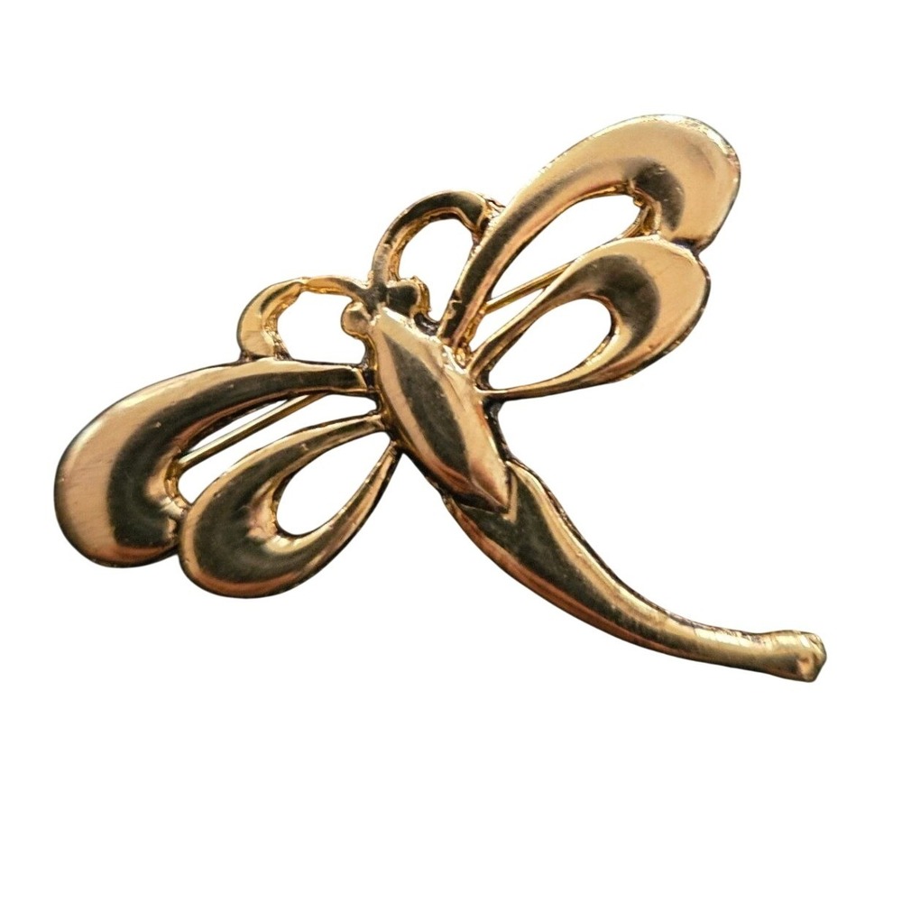 Vintage Gold Tone Openwork Dragonfly Brooch Pin Nature Insect Jewelry